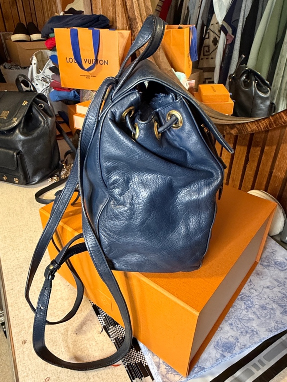 Celine Navy Blue Leather Drawstring Backpack - Picture 5 of 9